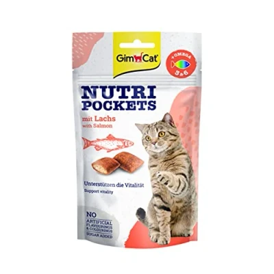 Imagen de GimCat Nutri Pockets con Salmón Snack crujiente para gatos relleno cremoso e ingredientes funcionales 1 bolsa (1 x 60 g)