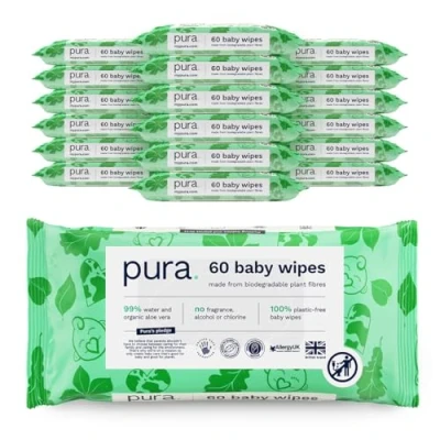 Imagen de Pura Toallitas Bebé, 1080 (18 x 60 Toallitas), 100% Húmedas Libres de Plástico, 99% Agua, Piel Sensible, Biodegradables, Algodón Orgánico y Aloe Vera, Vegano