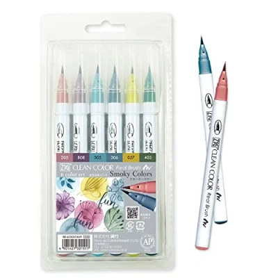 Imagen de Kuretake ZIG Clean Color Juego de 6 colores pincel real, bolígrafo flexible, fabricado en Japón (colores ahumados)