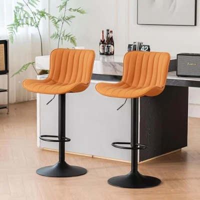 Imagen de YOUNIKE Taburetes Altos de Cocina Juego 2, Bar Giratorios Cuero PU, Sillas Altura Ajustable, con Respaldo, Silla Alta para Bar, Naranja Camello