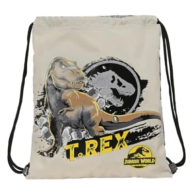 Imagen de JURASSIC WORLD WARNING Mochila Saco Plano Grande, Mochila, Ideal para Niños de Diferentes Edades, Cómoda y Versátil, Calidad Resistencia, 35x40 cm, Color Gris
