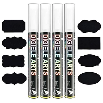 Imagen de DIGIELE Rotulador Tiza Liquida Blanco, Punta Reversible de Bala o Cincel 6mm, Borrado con Seco y Paño Húmedo, Pack 4 Blanco 16 Piezas Etiquetas Reutilizables Adhesivas