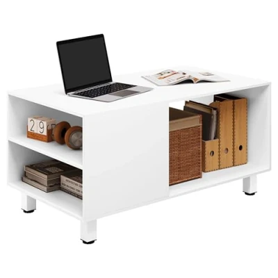 Imagen de WOLTU Mesa de Centro, Café con Compartimientos Abiertos, Auxiliar Pequeña, Mesita Moderna para Salón, Dormitorio y Oficina, Capacidad Carga 50 kg, 90x50x55 cm,Blanco, BTS23ws