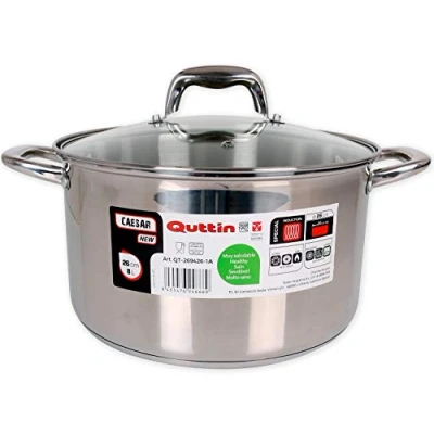 Imagen de Quttin Olla Profesional New Caesar de Inducción para Cocina y Horno Cacerola Grande Acero Inoxidable Antiadherente con Tapa Cristal Asas 26 cm/5 L Apta Todo Tipo Cocinas