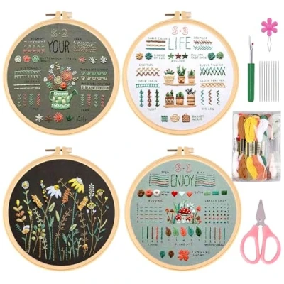 Imagen de Kit de Inicio Bordado, 4 Piezas Juegos Bordar con Patrones e Instrucciones, Bordado Principiantes, Herramienta Punto Cruz,con Aros Bordado,Tela Bordada, Hilos Colores