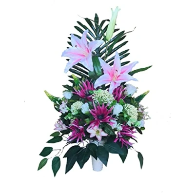 Imagen de DRW Jarron de Flores Artificiales para Cementerio Rosa y Malva Morado Meter en los Botes o jarrones nichos Sepultura liliums, Rosas, orquideas (Jarron 70x45x25 cm)