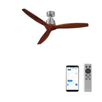 Imagen de CREATE / WINDSTYLANCE DC/Ventilador de techo níquel aspas madera natural con Wifi y mando 40W, Silencioso, Ø132 cm, 6 velocidades, temporizador, verano invierno, doble altura, motor DC