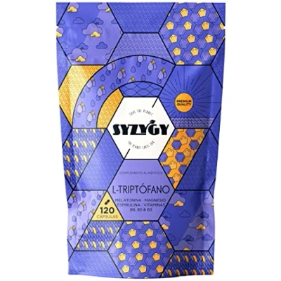 Imagen de SYZYGY FOOD Triptofano con Melatonina y Magnesio, Vitamina B6, B5, B3 Espirulina 1,78mg de 120 Cápsulas 600mg Triptófano Magnesio para Dormir Bien Fabricado España