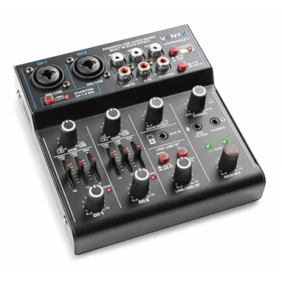 Imagen de Vonyx VMM401 Mesa de mezclas 4 canales con usb, interface audio 2 entrada micrófono jack/XLR, 1 RCA, salida máster Bluetooth, phantom +48v, auriculares, echo