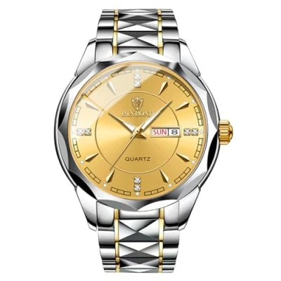 Imagen de JewelryWe Reloj Cuarzo Analógico Parejas: Relojes Redondo Resistente al Agua para Hombre Calendario Escala de Barras Luminoso Correa Acero Inoxidable Extraíble Ocio Negocios Regalos