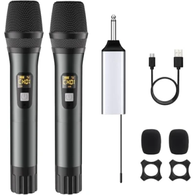 Imagen de DigitConvert Microfono Inalambrico Karaoke Profesional con 2 Micrófonos de Mano UHF para Celebraciones Cantar, la Iglesia, Hablar, Bodas y Fiestas