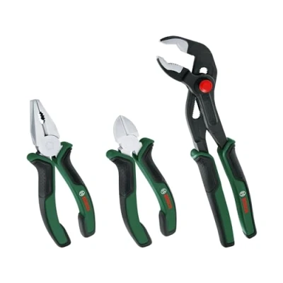 Imagen de Bosch Home and Garden, Juego de 3 alicates, universales, corte lateral, punta larga y pico loro, precisos duraderos, empuñadura ergonómica, superficie niquelada