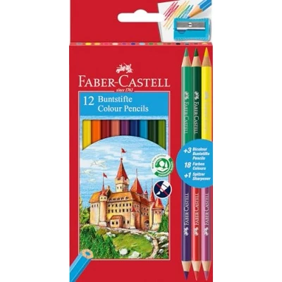 Imagen de Faber Castell 110312 Estuche con 12 lápices color hexagonales y 3 bicolor redondos, colores surtidos
