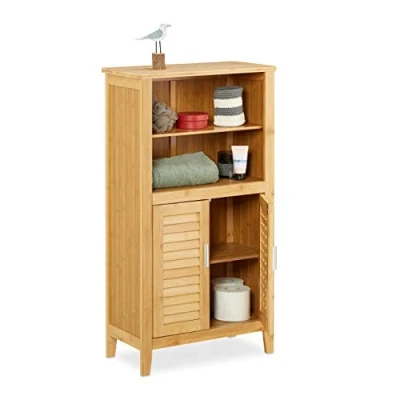 Imagen de Relaxdays Armario Bambú, Aprox. 92x50x25cm, Mueble Auxiliar Baño con Puertas, 2 Estantes Extraíbles, Marrón Natural, 25x50x92 cm