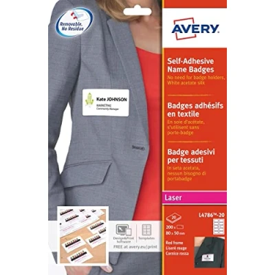 Imagen de Avery L4786 20 Etiquetas adhesivos de nombre (200 unidades, 8 x 5 cm, láser), blanco