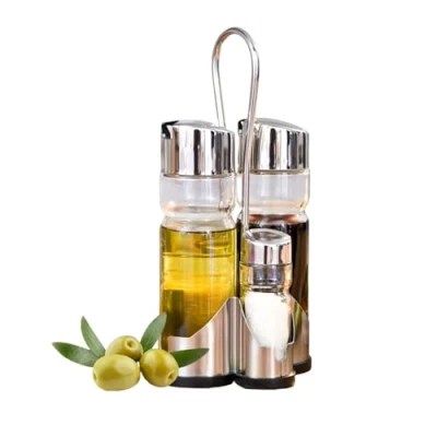Imagen de DAMDAM GO Juego de Aceitera y Vinagrera, Vidrio, Inoxidable, Set Aceite Vinagre para Mesa con Soporte, Color Acero Transparente