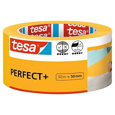 Imagen de tesa Cinta de Pintar Perfect+ Carrocero Papel tipo Washi Fino Trabajos Pintura y Enmascarado Precisión Uso en Interiores 50 m x mm, Amarillo