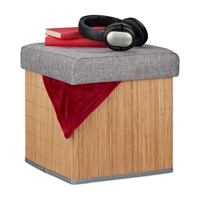 Imagen de Relaxdays Puff Almacenaje Plegable, Acolchado, Bambú, Tela, 36 x 35 cm, Otomana de Almacenamiento, Natural y Gris