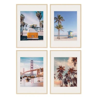 Imagen de PHOTOLINI marcos 50x70 cm madera MDF natural, set de 4 para pósteres con paspartú 40x50 cm, cristal acrílico, colgar y poner pie, incluye accesorios fotos, láminas