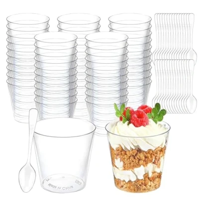 Imagen de Atliberswo 50 vasos de postre plástico, plástico con cucharas, 2oz/60 ml, cuencos reutilizables para pudin, mousse, helados, postres, fiestas
