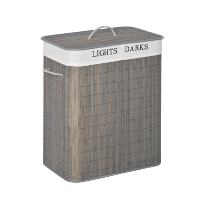 Imagen de HOMCOM Cesto para Ropa Sucia de Bambú Capacidad 100L Cesta la Colada Rectangular con Tapa Extraíble Bolsa 2 Compartimentos 52x32x63 cm Gris
