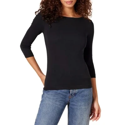 Imagen de Amazon Essentials Camiseta de Manga 3/4 y Escote Barco Corte Estrecho Mujer, Negro, XS