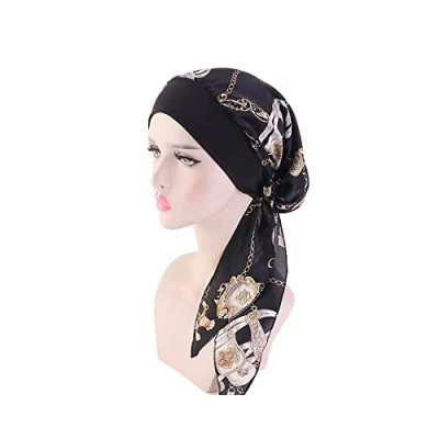 Imagen de turbante de quimioterapia para mujer, algodón elástico, la cabeza, turbantes satén, bufanda cabeza mujeres con cáncer, Cadena negra, M