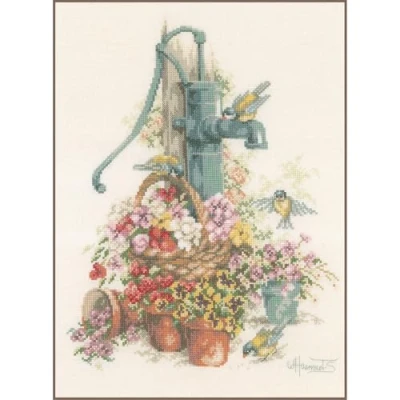 Imagen de Lanarte PN 0007958 Patrón de punto cruz, algodón, 29 x 39 cm, diseño flores y bomba agua, multicolor