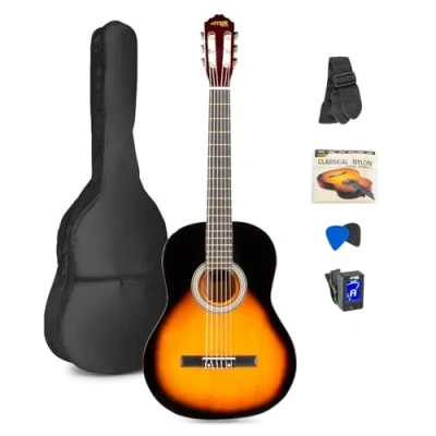 Imagen de MAX SoloArt Guitarra clasica con cuerdas de nailon para Principiantes Adultos flamenca Funda, Afinador, Púa, Correa y Accesorios. Española 4/4 en color Sunburst