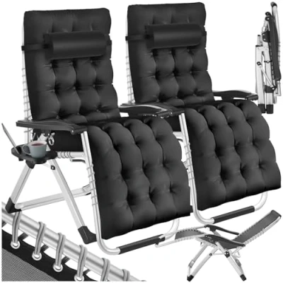 Imagen de TecTake® Silla Tumbona Plegable para Playa y Jardín, Cojín Cabezal Extraíble, Estructura de Acero, Mesa Auxiliar, Ideal como Camping Picnic, Exterior Terraza 2 Tumbonas Negro