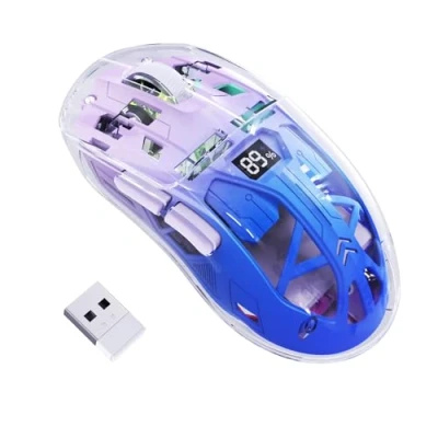 Imagen de FREEWOLF Ratón Inalámbrico para Juegos A2, Modo Dual 2.4G/Bluetooth Pc, RGB con Pantalla De Visualización Batería, Carcasa Transparente, Pixart 3212 4000 dpi, Púrpura Crepuscular