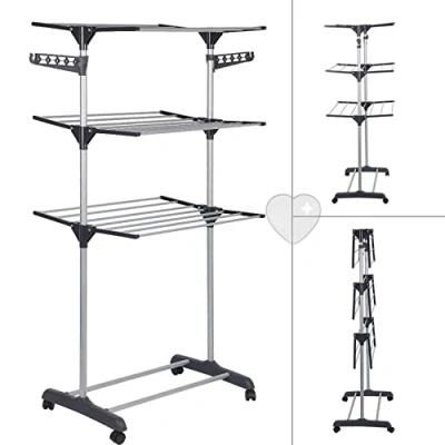 Imagen de Tendedero de Ropa Plegable Vertical,Tendedero Tipo Torre Tres Estante con Cuatro Ruedas, Espacio Secado, Capacidad para 15 KG (72 * 56 152cm (Gris))