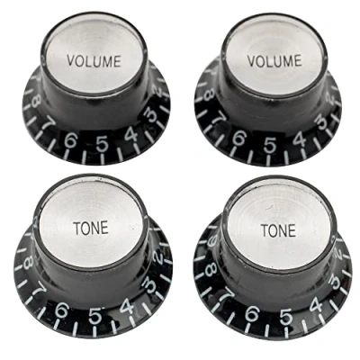 Imagen de Musiclily Pro Zurdas Imperial Pulgadas Tamaño 2 Volumen Tono Botones de Potenciómetros Reflector Knobs Perillas Set para Guitarra Eléctrica USA Made Les Paul SG Style, Negro con Plateado Top