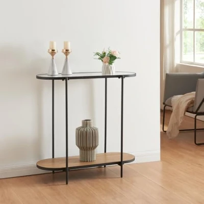 Imagen de [en.casa] Mueble Recibidor Consola Mesa de Entrada en Forma Ovalada con Estante Adicional Decorativo Estructura Metálica MDF Cristal 80 x 30 cm Negro Transparente Efecto Roble