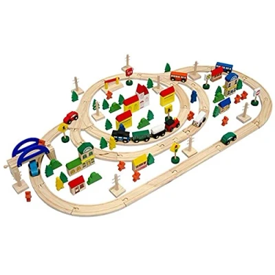 Imagen de messefix 130 Piezas Tren de Madera para Niños 5m Rieles Juguete 3 años desde Trenes con Raíles y Muchos Accesorios Juguetes