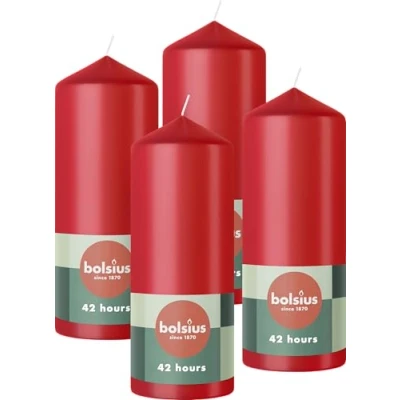 Imagen de Bolsius Pillar Candles Velas decorativas para el hogar, 4 unidades, 15 x 6 cm, 42 horas de combustión, sin perfume, 5% cera vegana natural, aceite palma Valentin