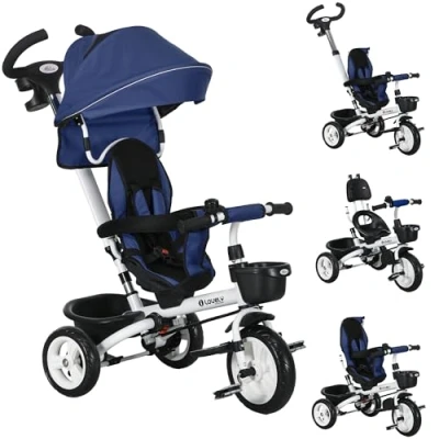 Imagen de HOMCOM Triciclo para Bebés Plegable Evolutivo 2 en 1 Niños de 12 60 Meses con Toldo Mango Empuje Telescópico Reposapiés Cinturón Seguridad y Cestas Azul
