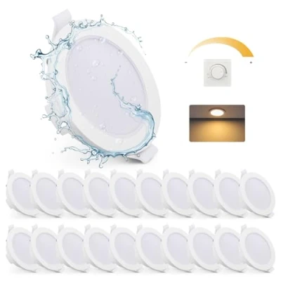 Imagen de Gr4tec Foco Empotrable LED Techo IP65, Pack 20 Downlight Regulable Blanco Cálido 2700K 6W 400LM, Ojos de Buey Agujero 68 80mm, 35MM Extraplano, Interior Para Baño Cocina