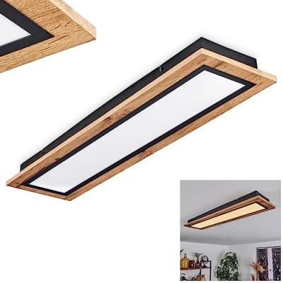 Imagen de lámpara de techo LED Salmi, metal/MDF/plástico en negro/madera/marrón/blanco, luz rectangular (80 cm x 20 cm), 2800 lúmenes, 3000 K, 24 vatios