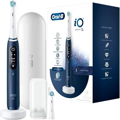 Imagen de Oral B iO Series 7 Brosse à dents électrique 2 brosses 5 modos de brossage pour soins dentaires, technologie magnétique, affichage et étui voyage, conçu par marron, bleu saphir
