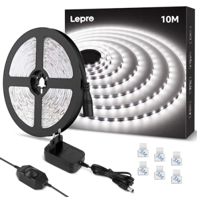 Imagen de Lepro Tira LED 10M Blanca Fría 6000K, Luces Habitación Regulable, 600 LEDs, 1800lm, Luz para Decoración Navideña de Cocina Interior(con Fuente Alimentación y Regulador Intensidad)