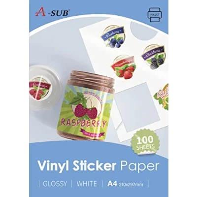 Imagen de A SUB Papel adhesivo de vinilo imprimible, resistente al agua, brillante, blanco, etiquetas autoadhesivas para impresoras inyección tinta, tamaño A4, 100 hojas