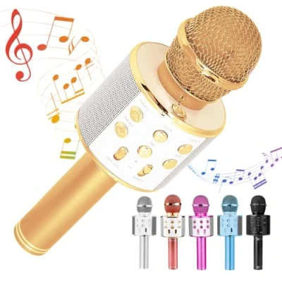 Imagen de Home Markt24 micrófono inalámbrico Bluetooth con altavoz, dorado, batería de 2600 mAh, karaoke portátil, efectos sonido ajustables