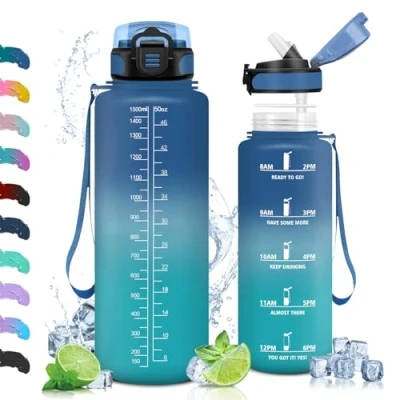 Imagen de Vikaster Botella Agua Deporte, 1500ml con Pajita, Botellas sin BPA, Fácil de Abrir, a Prueba Fugas, Reutilizable, Gimnasio, Running