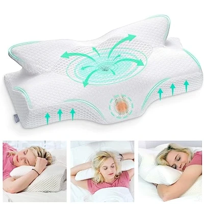 Imagen de Elviros Almohada Cervical de Espuma Viscoelastica Memoria, Ortopedica para Soporte Cuello, Almohadas Ergonómico Dormir Lado y Boca Arriba (Blanco, 53.8 x 33 (11/9) cm)