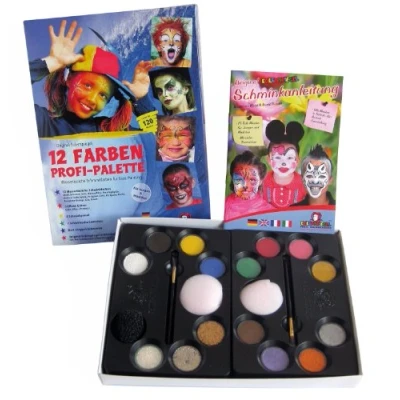 Imagen de Eulenspiegel 212011 Paleta de maquillaje profesional, 12 colores aqua profesionales, 2 esponjas, brochas, 3 purpurinas, 1 esponja para barba incipiente, guía