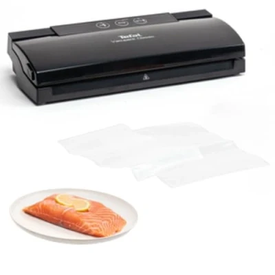 Imagen de Tefal Vacupack classic VT254070 Envasadora al vacío, con función sellar y parar, diseño moderno compacto para fácil almacenaje, incluye 18 bolsas, conserva tu comida fresca más tiempo