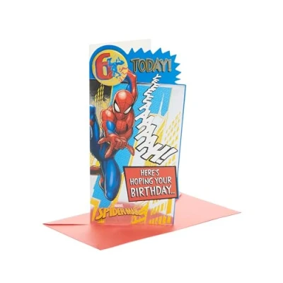 Imagen de UK Greetings Tarjeta de 6º cumpleaños Marvel para él/niño con sobre, diseño insignia, Spider Man, 121 mm x 229