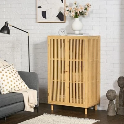 Imagen de [en.casa] Mueble de Salón Aparador 3 Niveles Armario con 2 Puertas Rejilla para Oficina Comedor Baño Ventilación Óptima Bambú 110 x 66 40 cm Natural