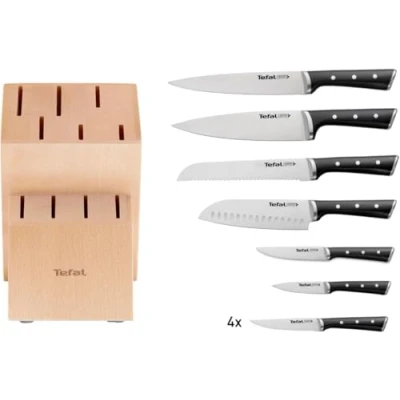 Imagen de Tefal K232SA Ice Force Juego de 10 cuchillos (6 cuchillos, 4 carne, 1 bloque madera, acero inoxidable alemán, tecnología Force, resistente a la corrosión